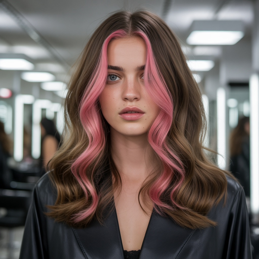Balayage Pink Highlights in Brown Hair