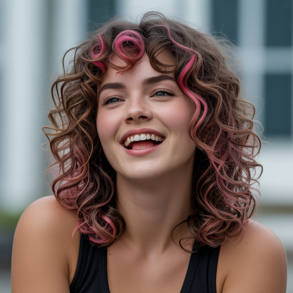 Pink Highlights with Curls on Brown Hair