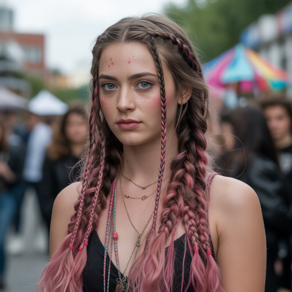 Pink Highlights in Braided Brown Hair