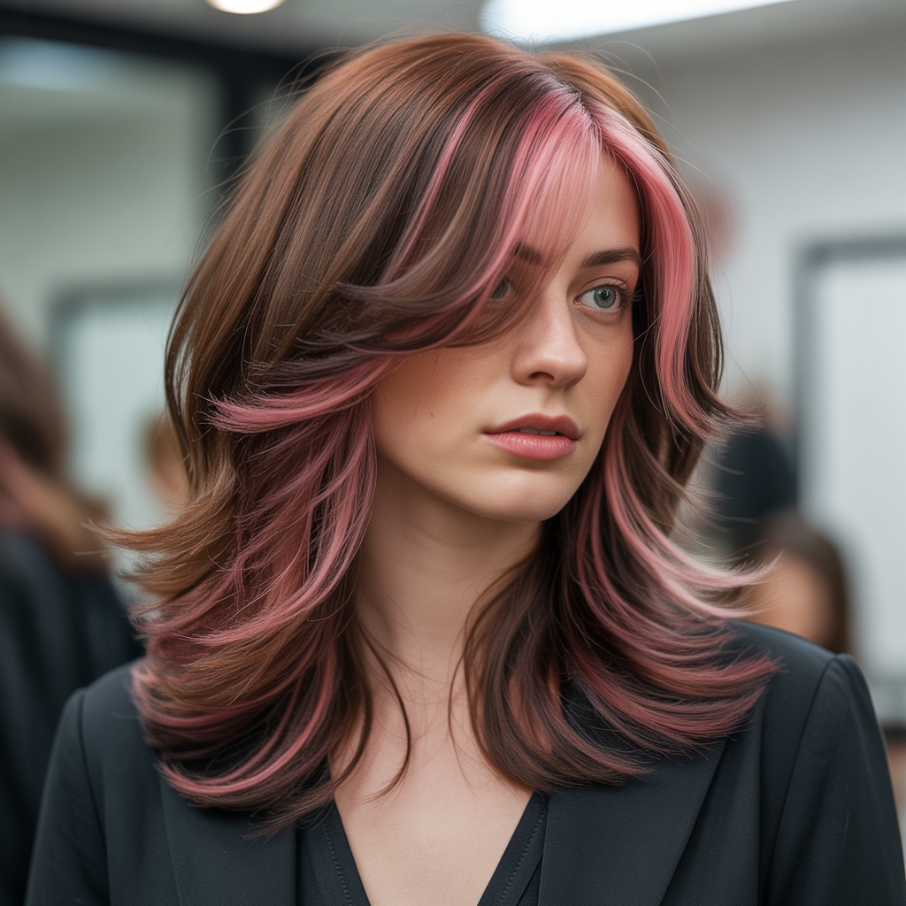 Pink Highlights in Layered Brown Hair