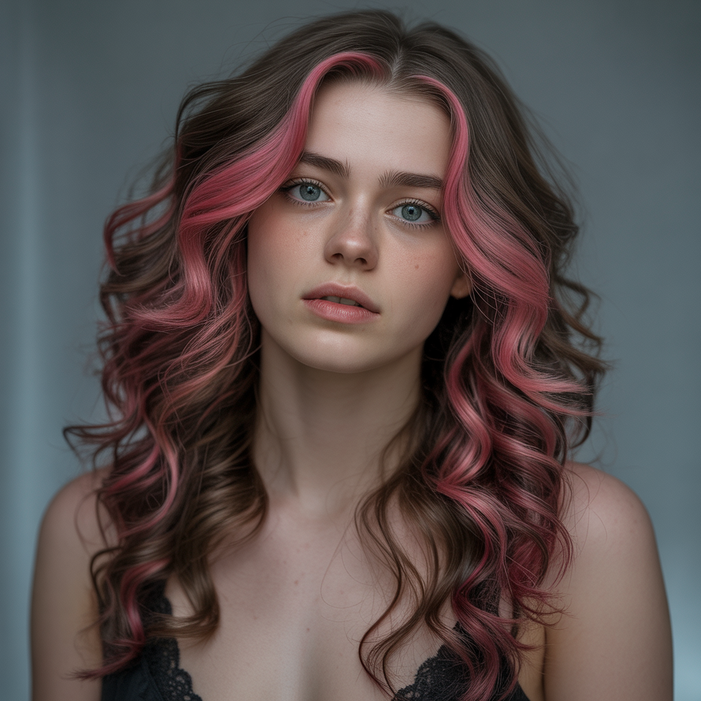 Pink Highlights in Long Brown Hair
