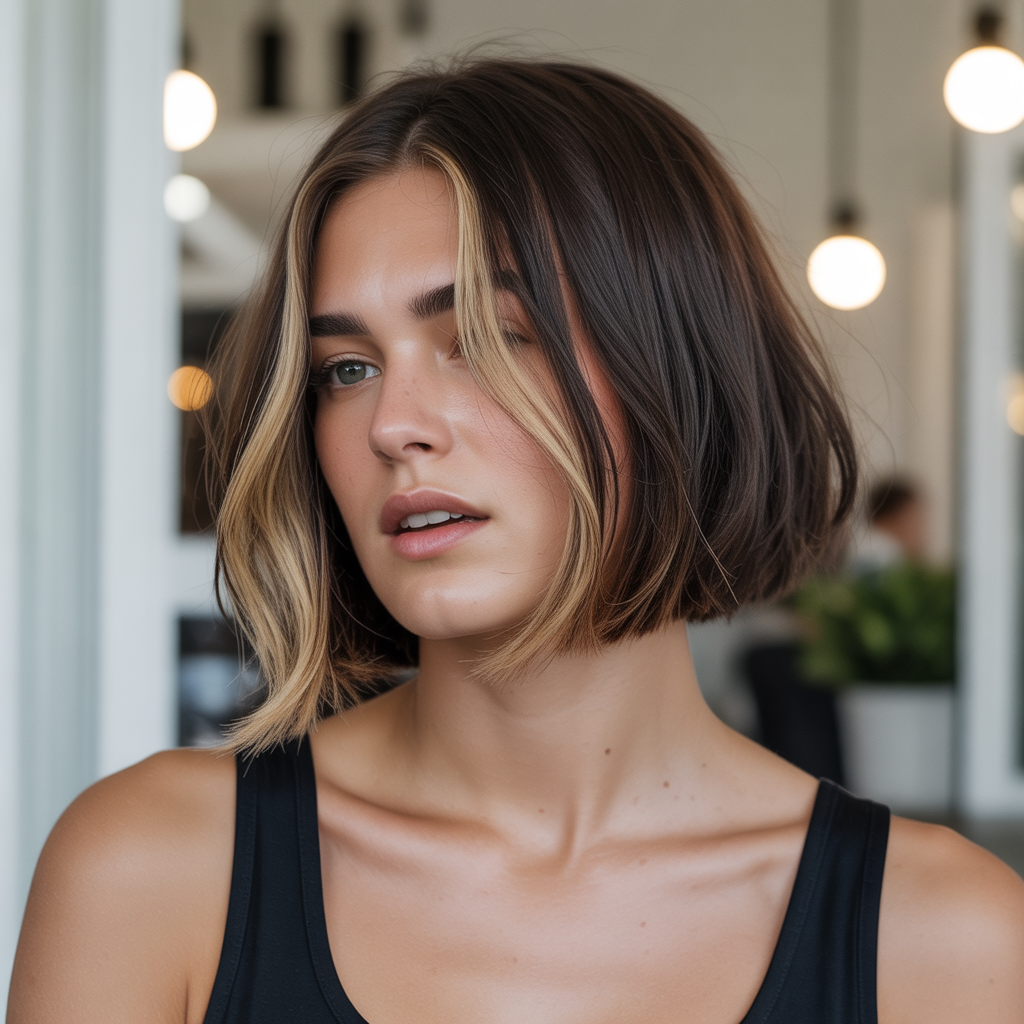 Honey blonde balayage with straight sleek hair