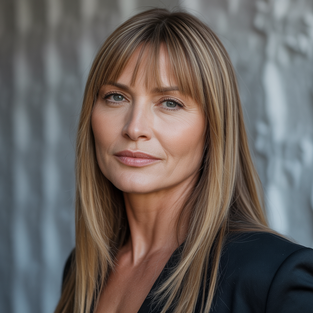 Sleek straight hair with blunt bangs