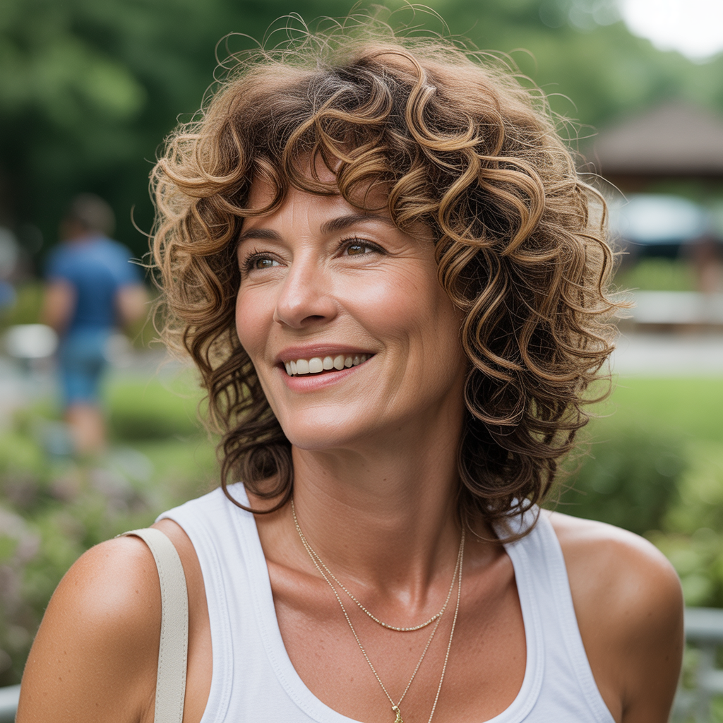 Curly hair with layered bangs