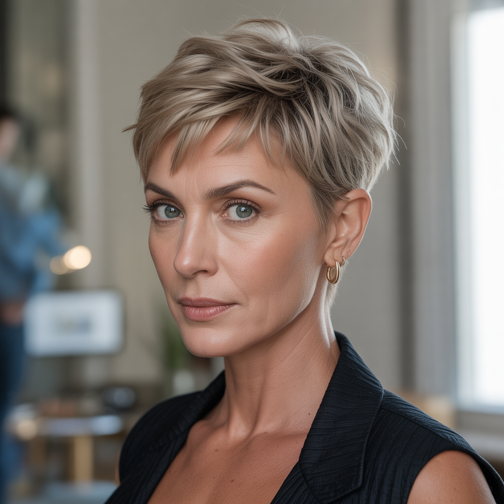 Textured pixie with micro bangs