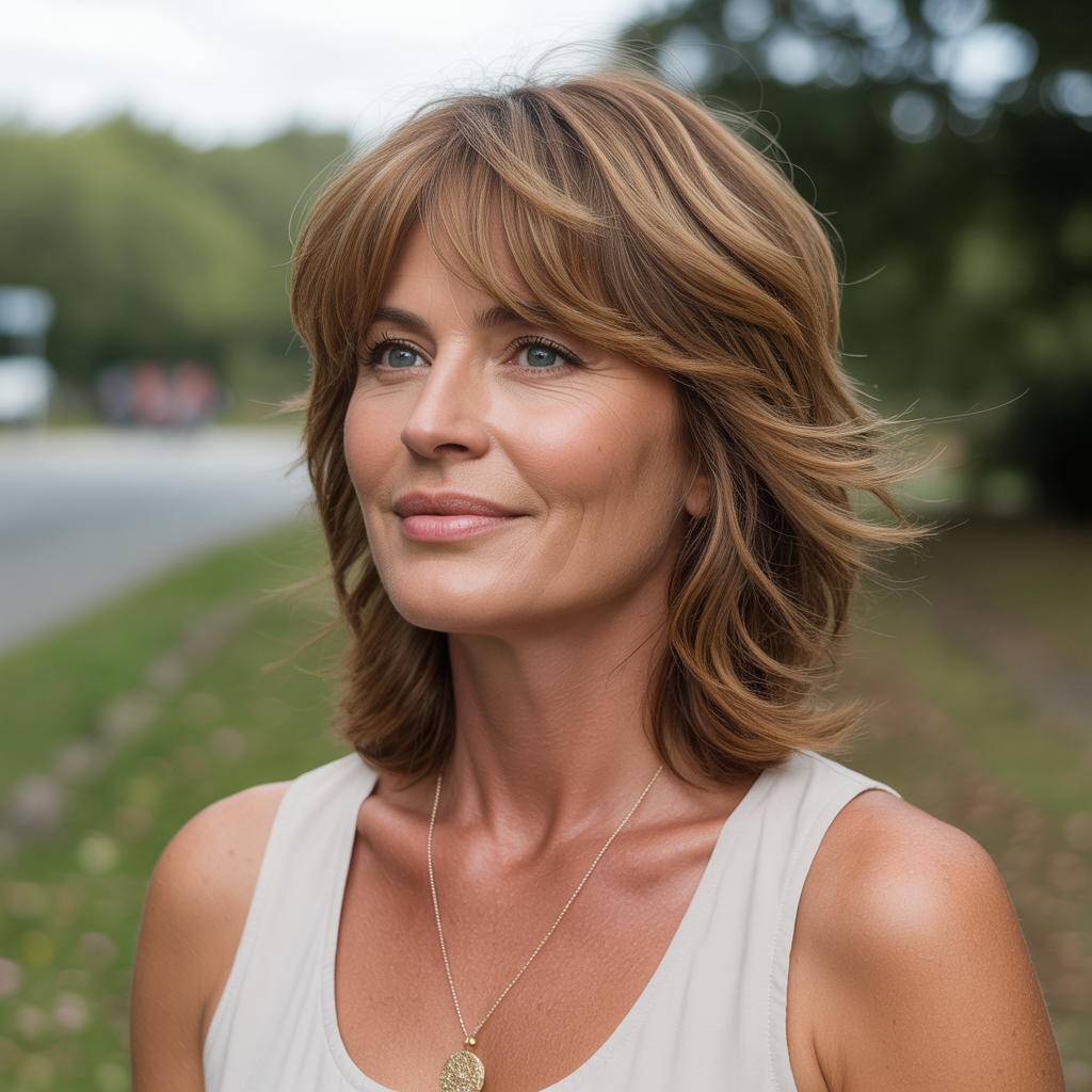 Layered medium cut with wispy bangs