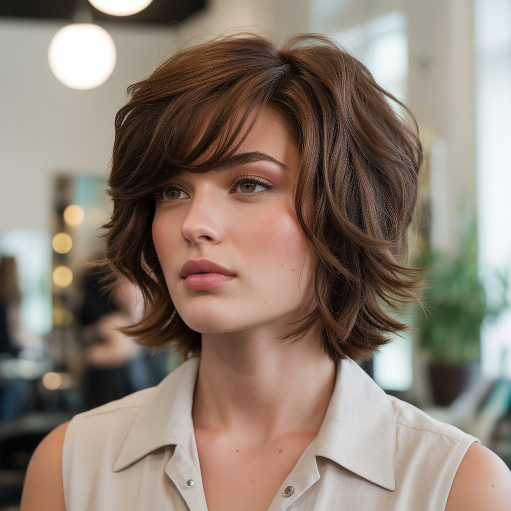 Layered bob with side-swept bangs