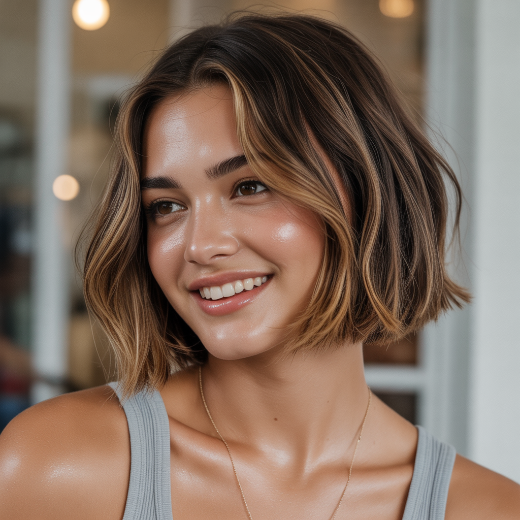 Brown bob with caramel highlights