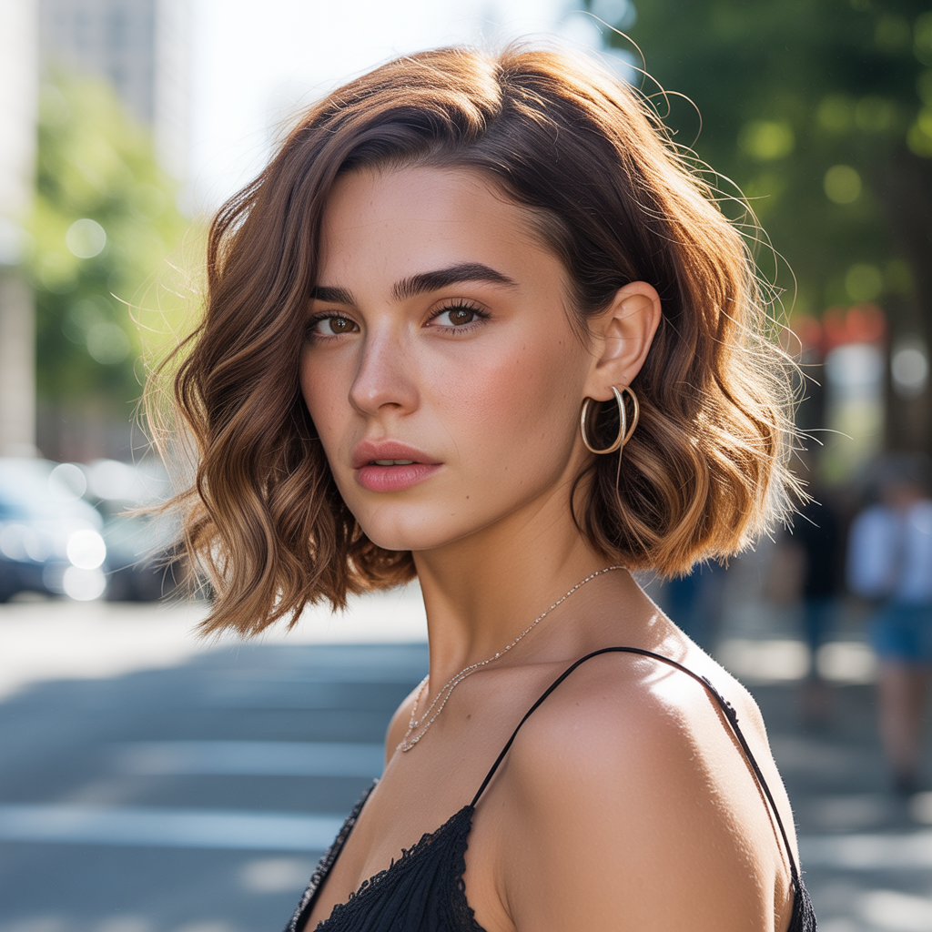 Wavy brown bob with side part