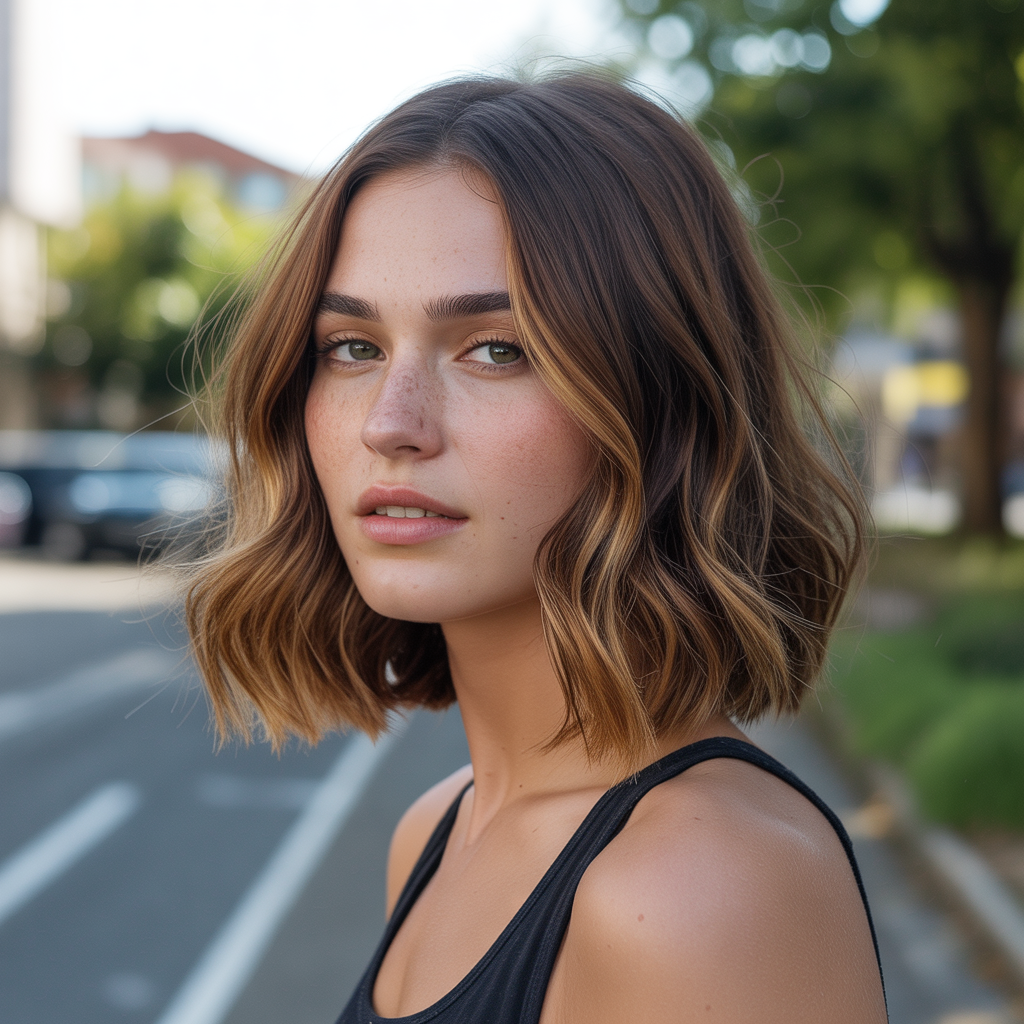 Brown bob hairstyle with balayage