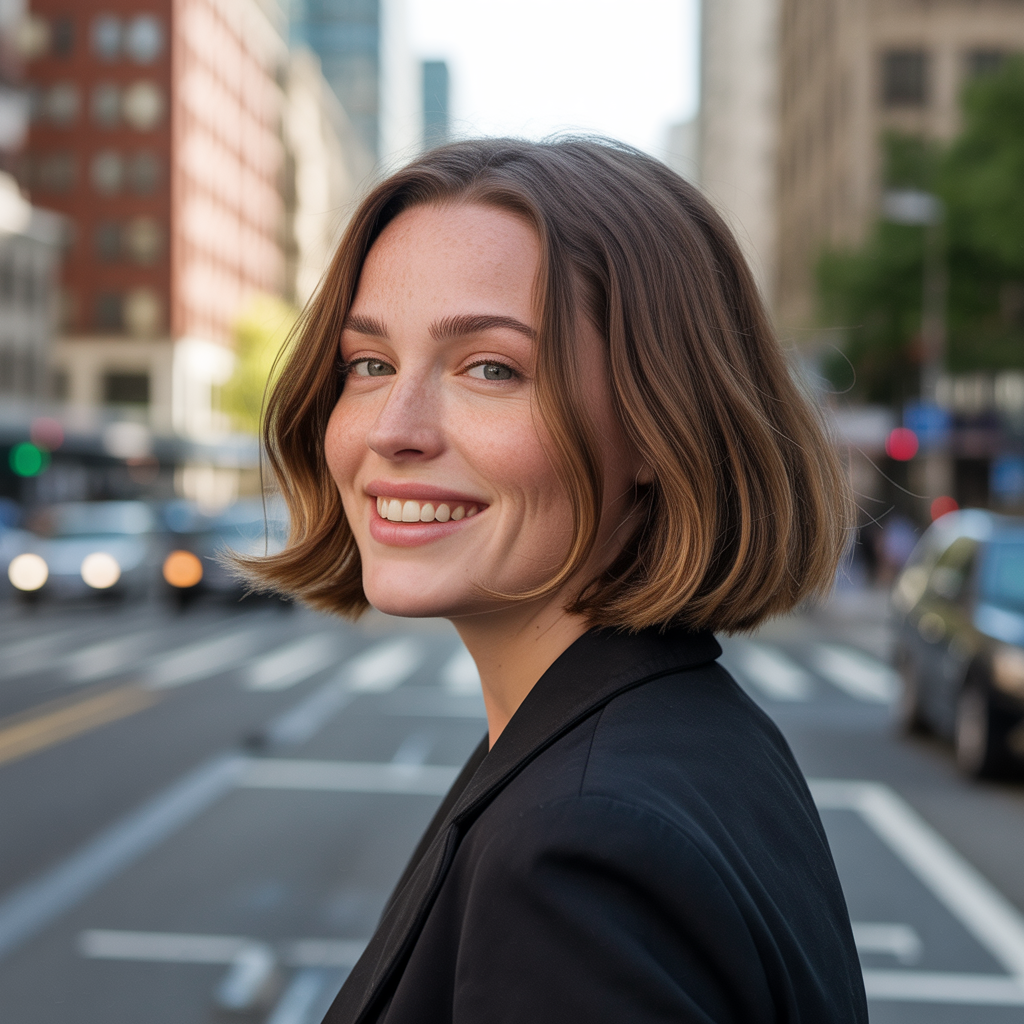 Brown bob with face-framing highlights