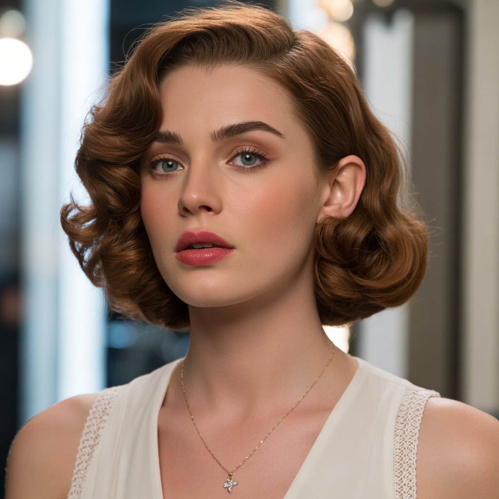 Brown bob hairstyle with retro waves