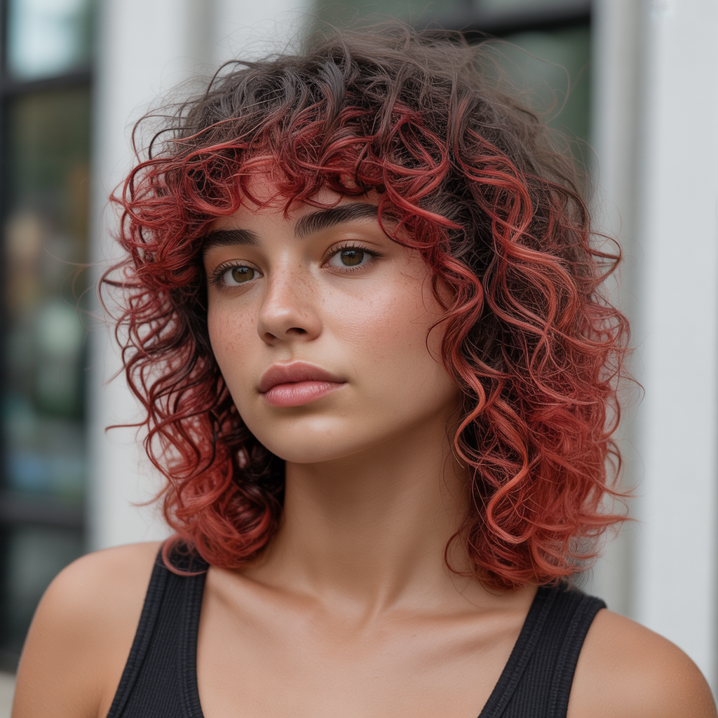 Cherry Cola Balayage with Curtain Bangs