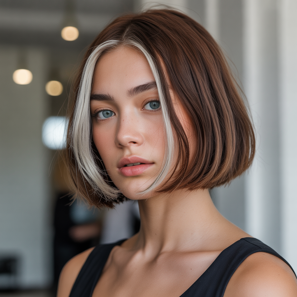 Brown Hair with Silver Highlights in a Bob