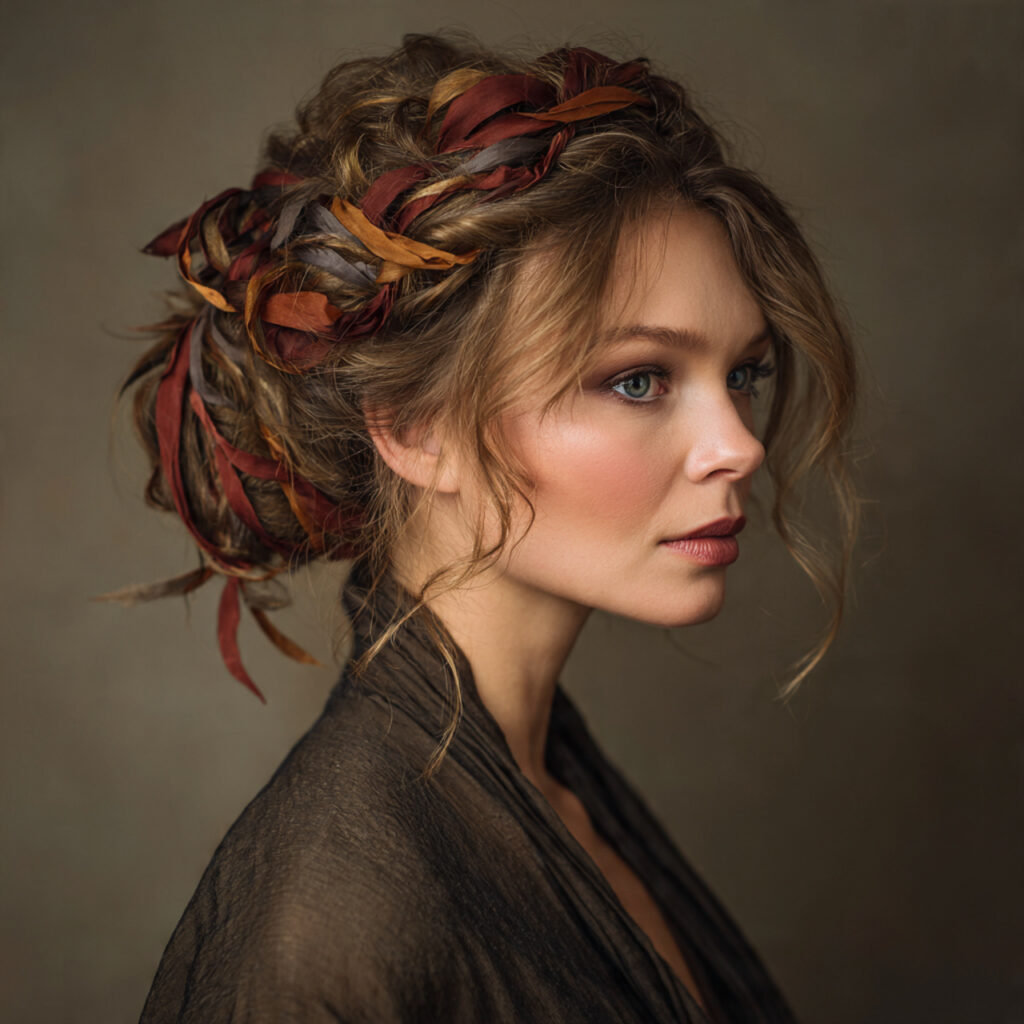 Boho Christmas updo with natural ribbon tones