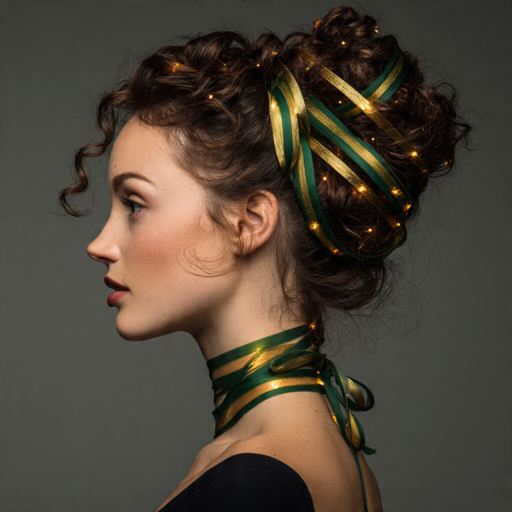 Holiday-inspired updo with green and gold ribbons