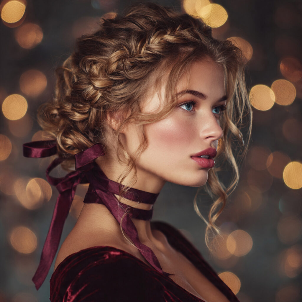 Romantic braided updo with velvet ribbons