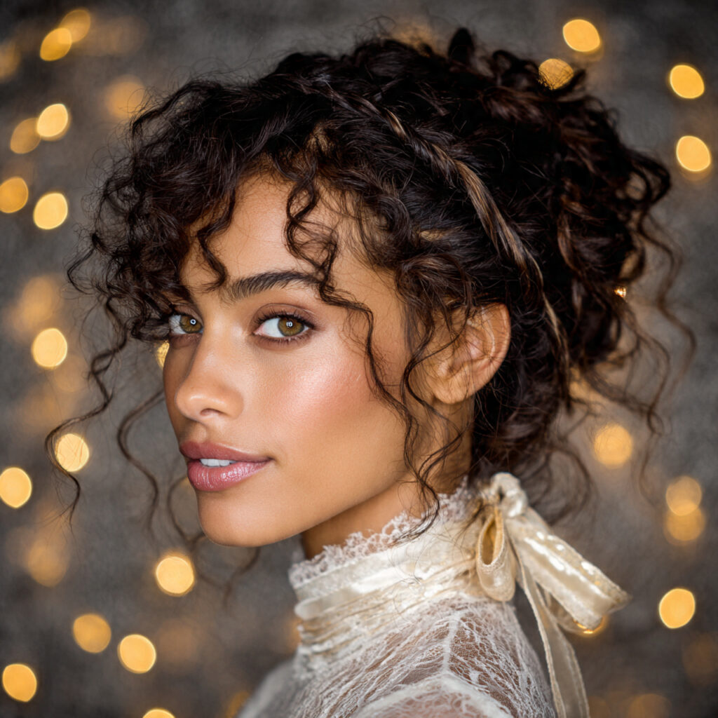 Soft curly updo with ribbon interwoven braids