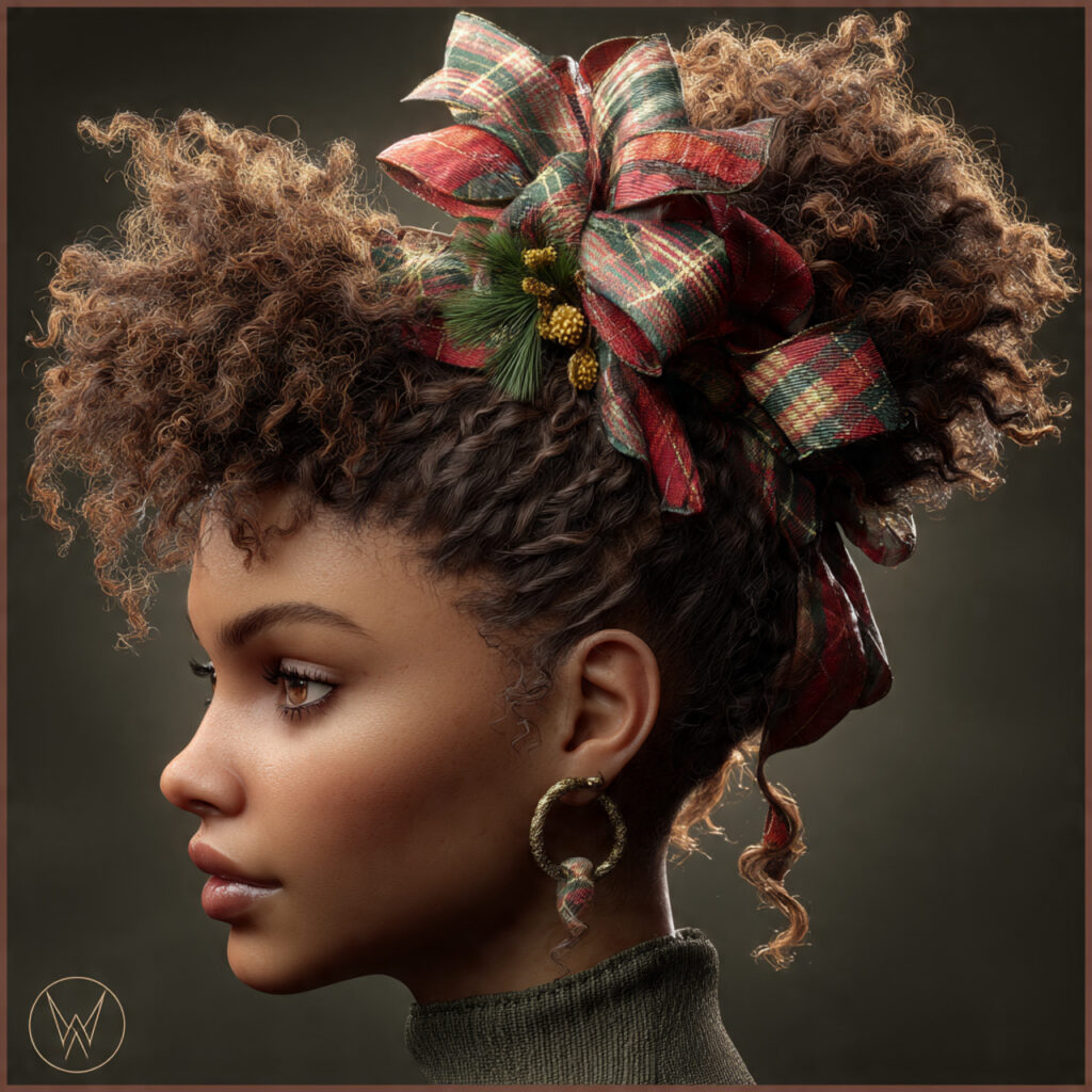 Textured updo with plaid ribbon elements