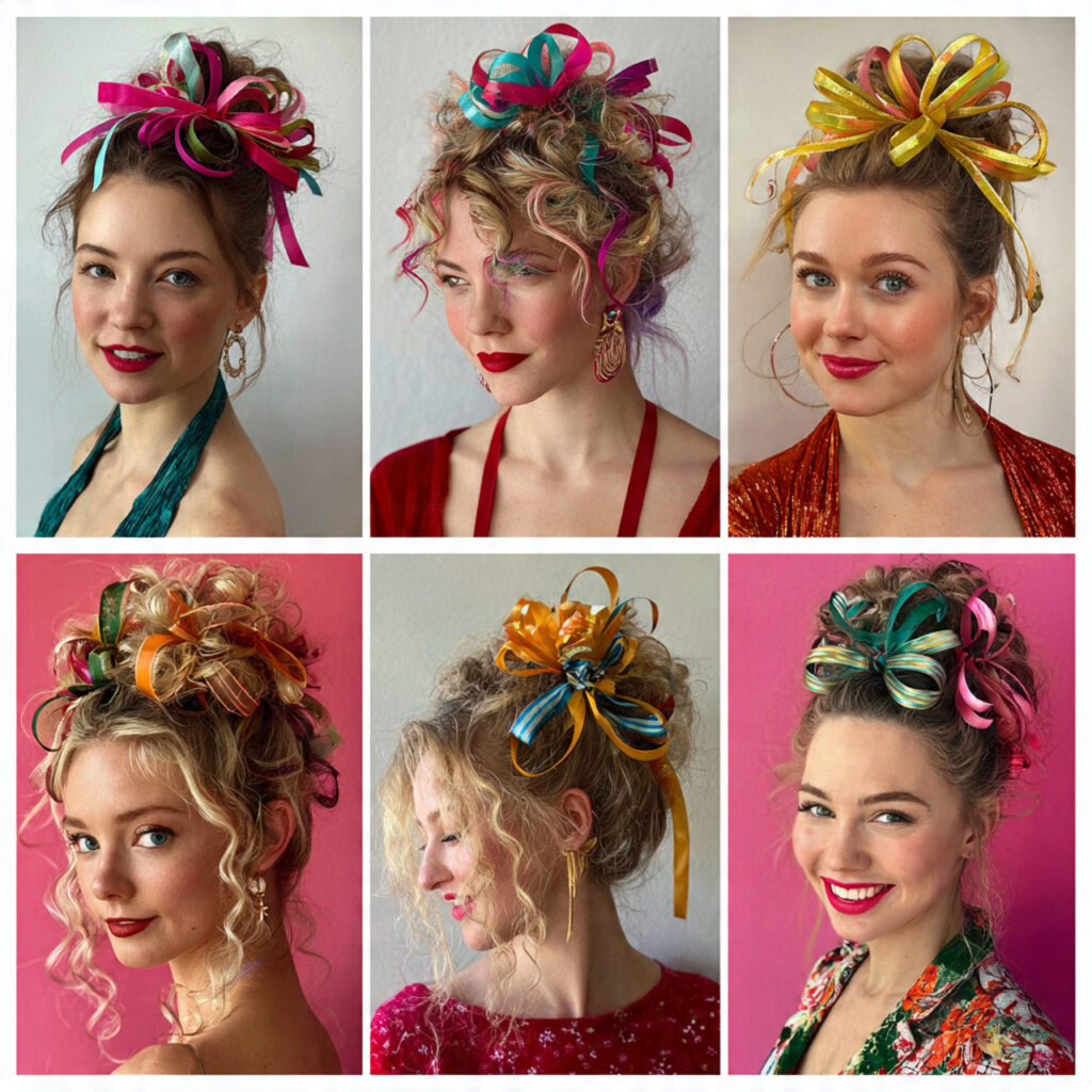 Whimsical updo with playful ribbon loops