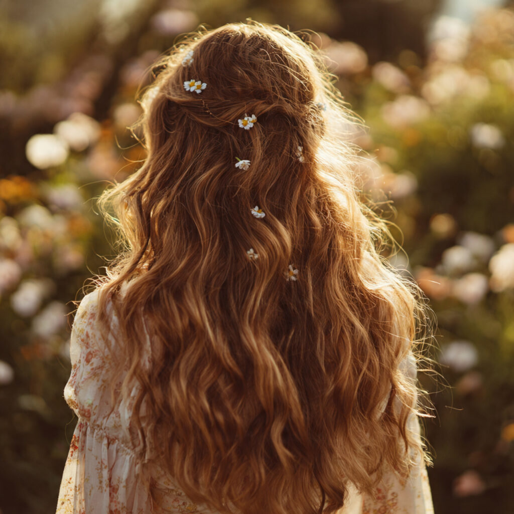 Long Wavy Hair with Spring Flower Clips Ideas