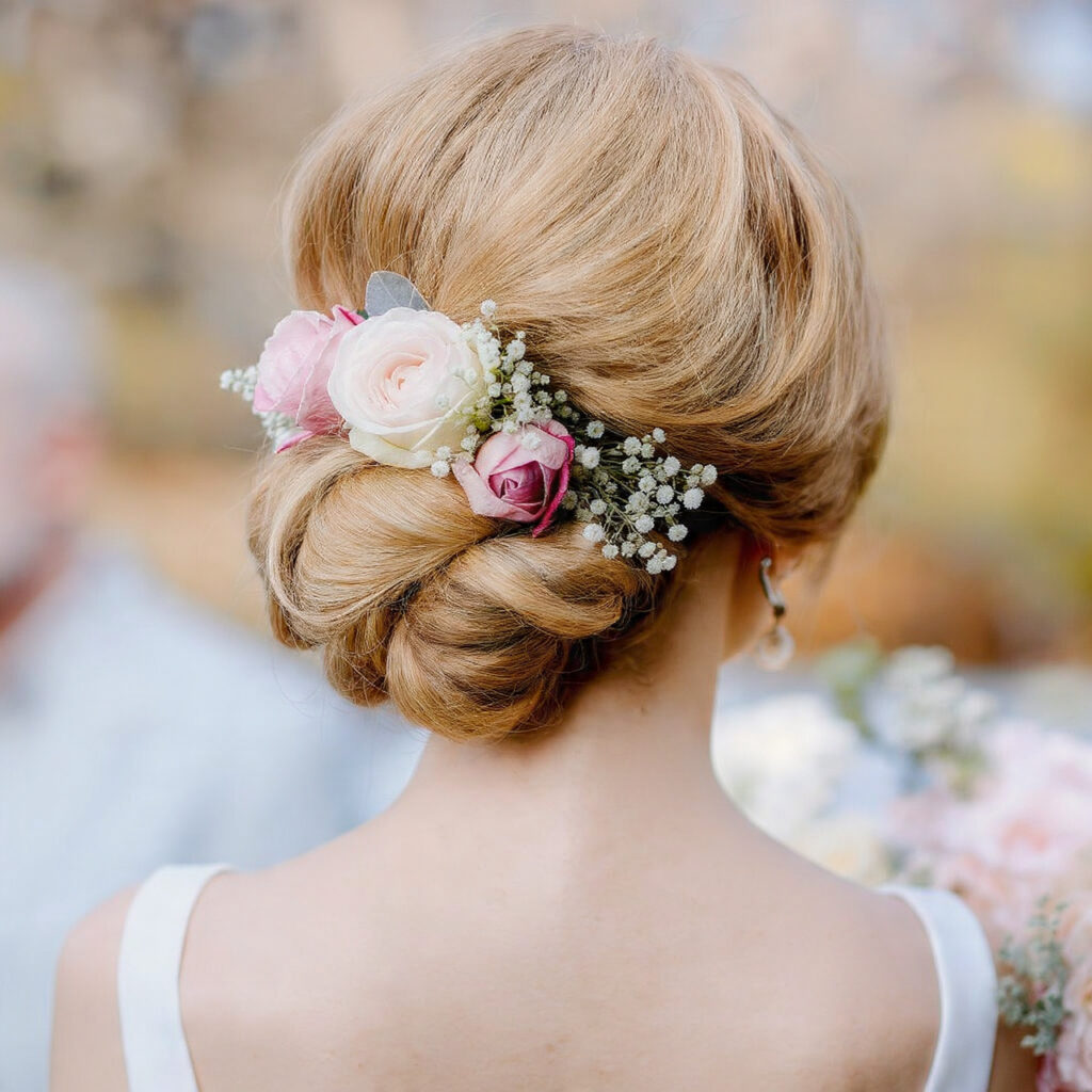 Low Bun with Fresh Flowers Hairstyle Idea