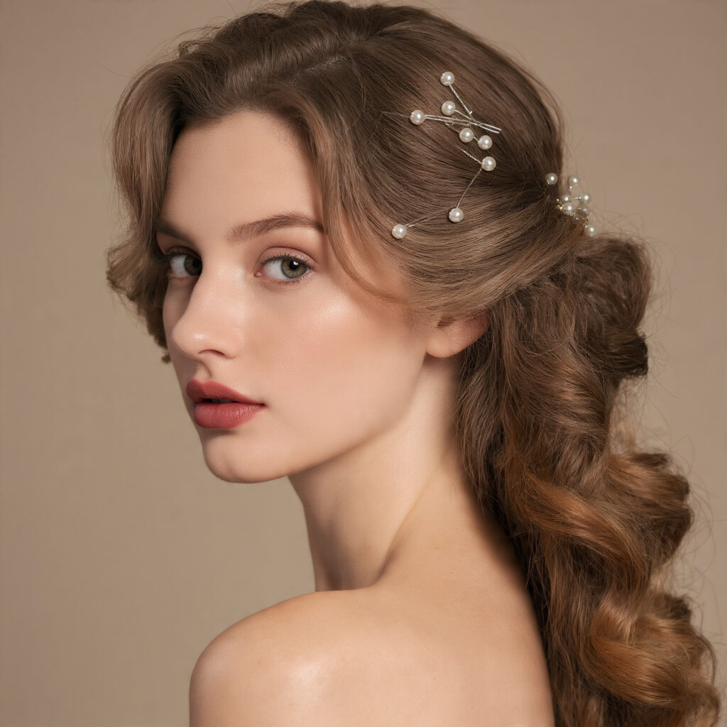 Soft Curls with Pearl Pins Hairstyle Idea