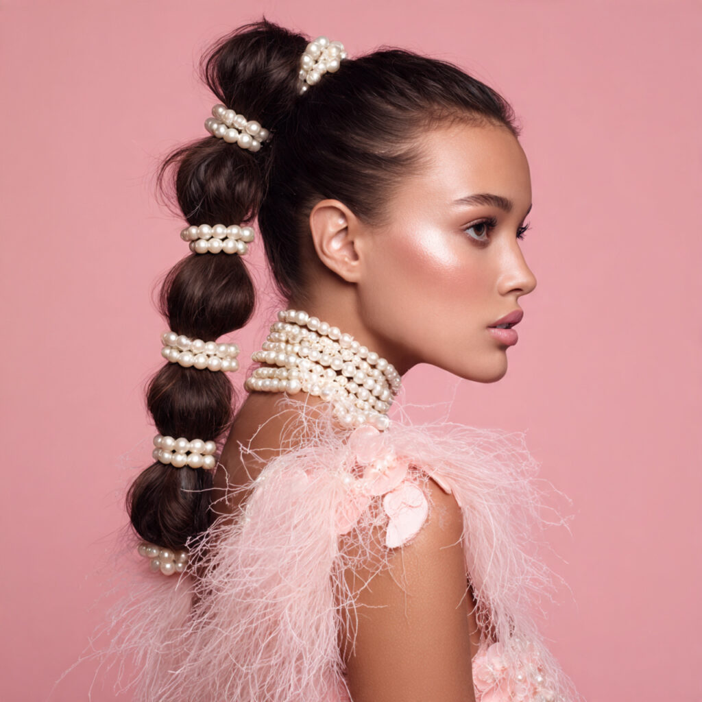 Bubble Ponytail with Pearl Ties Idea