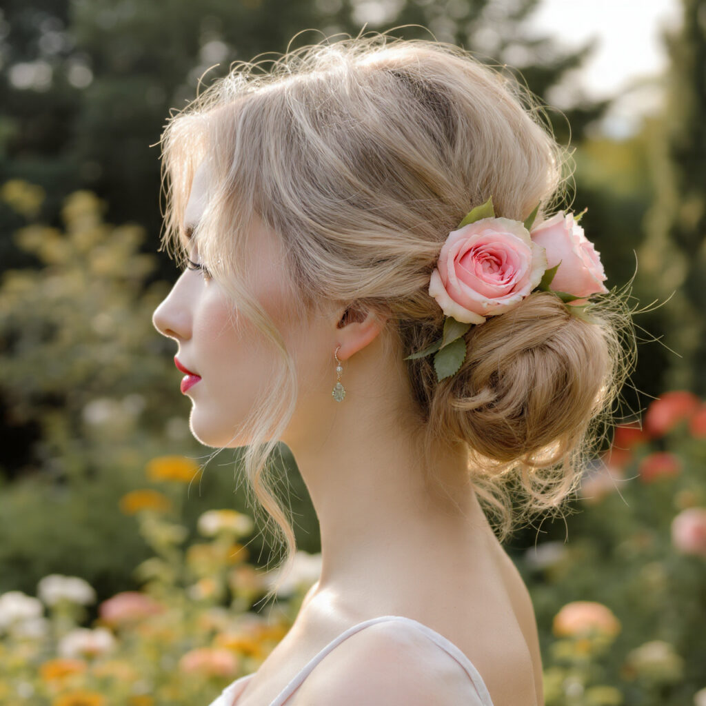 Pulled-Back Waves with Garden Roses Hairstyle Idea